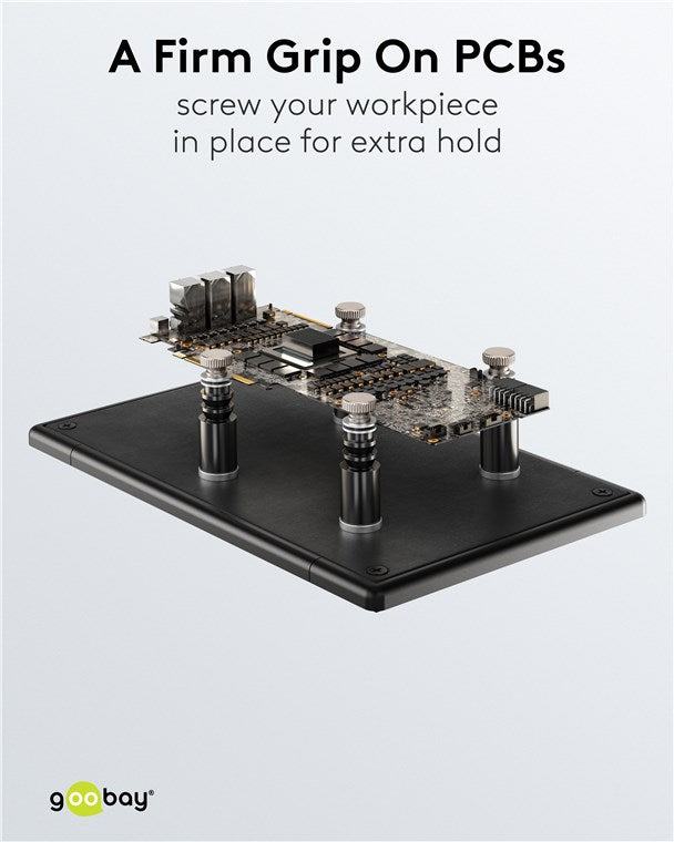 Goobay magnetiske platineholdere med metalplade, justerbare afstandsstykker, tekst: Et fast greb om PCB'er - skru dit emne på plads.