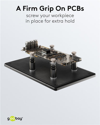 Goobay magnetiske platineholdere med metalplade, justerbare afstandsstykker, tekst: Et fast greb om PCB'er - skru dit emne på plads.