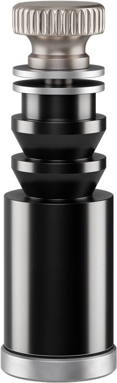 Magnetisk pladeholder med metalplade, sort og sølv cylinderformet design med faste geometriske sektioner.