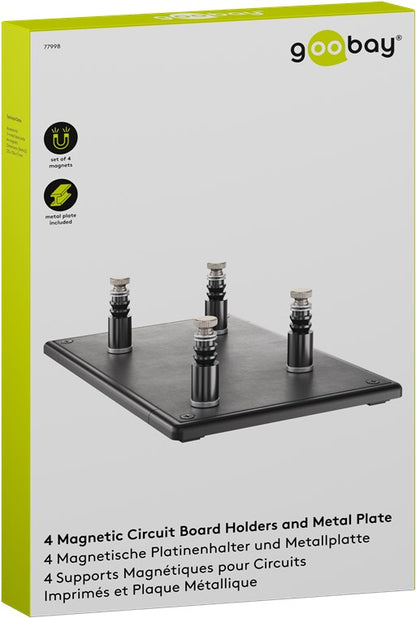 Goobay magnetiske platineholdere med metalplade, 4 stk, grøn og hvid emballage med produktinfo på flere sprog.