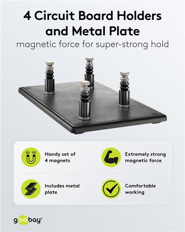 Goobay magnetisk platineholder, sort metalplade med fire justerbare stærke magnetholdere til elektronikarbejde.