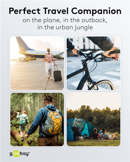 Goobay Powerbank til Apple Watch vises med rejse- og outdoor-motiver og tekst: Goobay Powerbank til Apple Watch.
