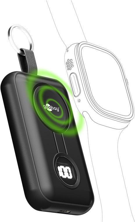 Sort powerbank til Apple Watch med USB-C, grønt lys, vises ved tegning af ur for at indikere trådløs opladning.