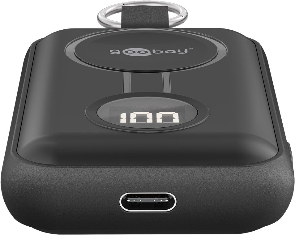 Powerbank til Apple Watch sort med USB-C port, digitalt display 100, trådløs opladeplade på toppen, nøgle-ring.