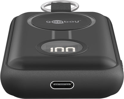 Powerbank til Apple Watch sort med USB-C port, digitalt display 100, trådløs opladeplade på toppen, nøgle-ring.