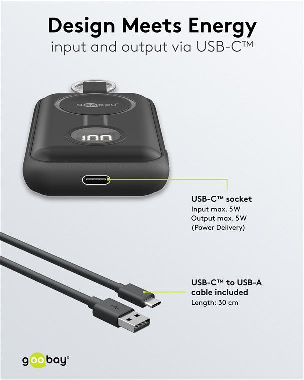 Powerbank til Apple Watch sort med display, USB-C input/output maks. 5W, inkl. 30 cm USB-C til USB-A kabel.