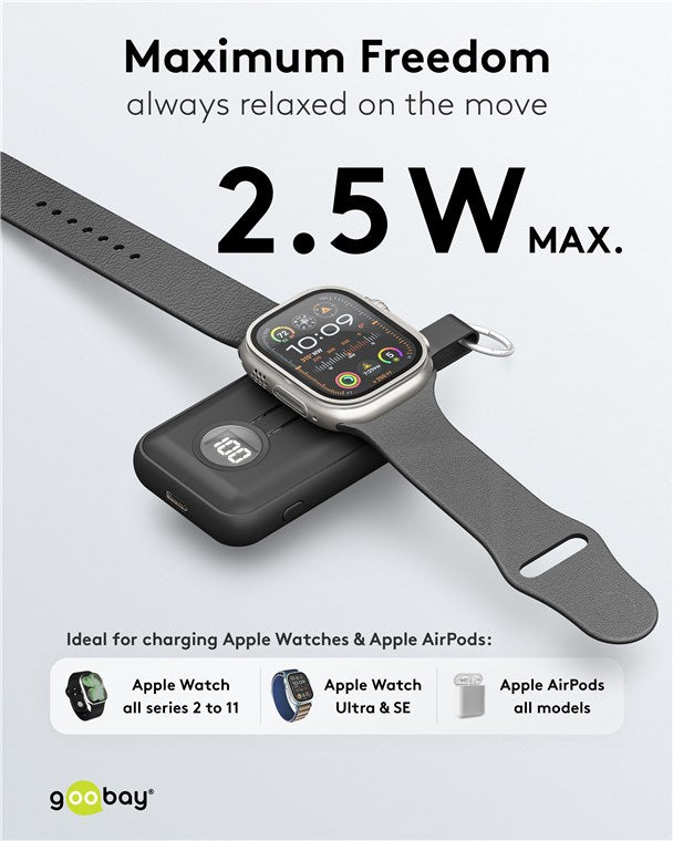 Goobay Powerbank til Apple Watch sort, 2,5W max opladning, USB-C, understøtter Series 2-11, Ultra, SE og alle AirPods.