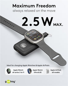 Goobay Powerbank til Apple Watch sort, 2,5W max opladning, USB-C, understøtter Series 2-11, Ultra, SE og alle AirPods.