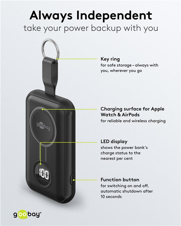 Goobay sort powerbank til Apple Watch med nøglering, opladeflade til Watch/AirPods, LED-status og funktionsknap.