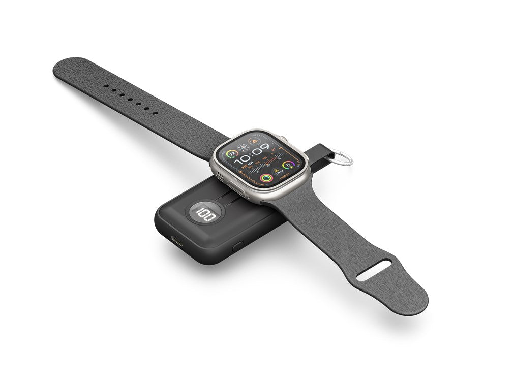 Goobay Powerbank til Apple Watch oplader ur med gråt rem, display viser appikoner og aktivitet, lader viser 100.