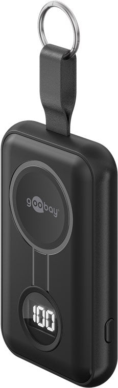 Goobay sort rektangulær alkoholtester til nøglering, digitalt display med "100", metalring og sort læderrem.