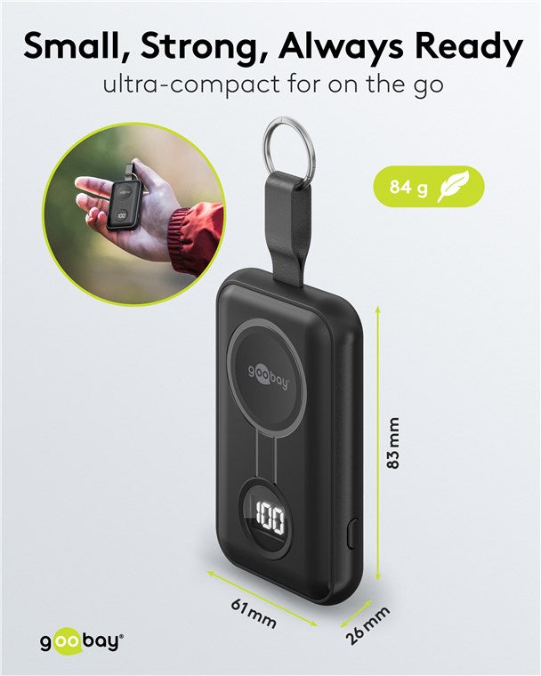 Powerbank til Apple Watch, sort, med nøglering, 83x61x26 mm, 84g, vises i hånd.