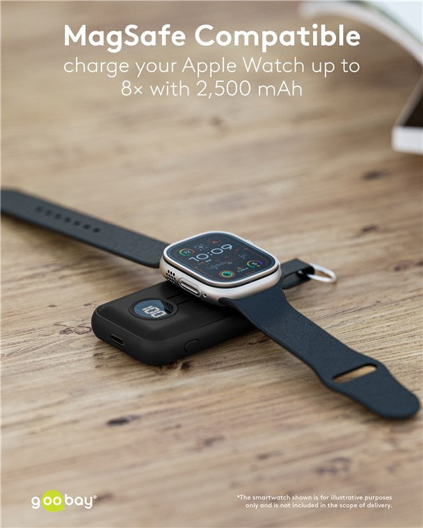Goobay powerbank til Apple Watch oplader ur ovenpå, MagSafe kompatibel, 2.500 mAh, op til 8 opladninger.