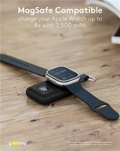 Goobay powerbank til Apple Watch oplader ur ovenpå, MagSafe kompatibel, 2.500 mAh, op til 8 opladninger.