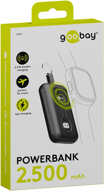 Powerbank til Apple Watch 2.500 mAh, gul/hvid æske med nøglering, ur-illustration, USB-C og trådløs opladning.