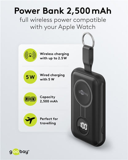 Goobay Apple Watch powerbank sort, USB-C, nøglering, 2.500 mAh, trådløs opladning 2,5W, kablet opladning 5W.