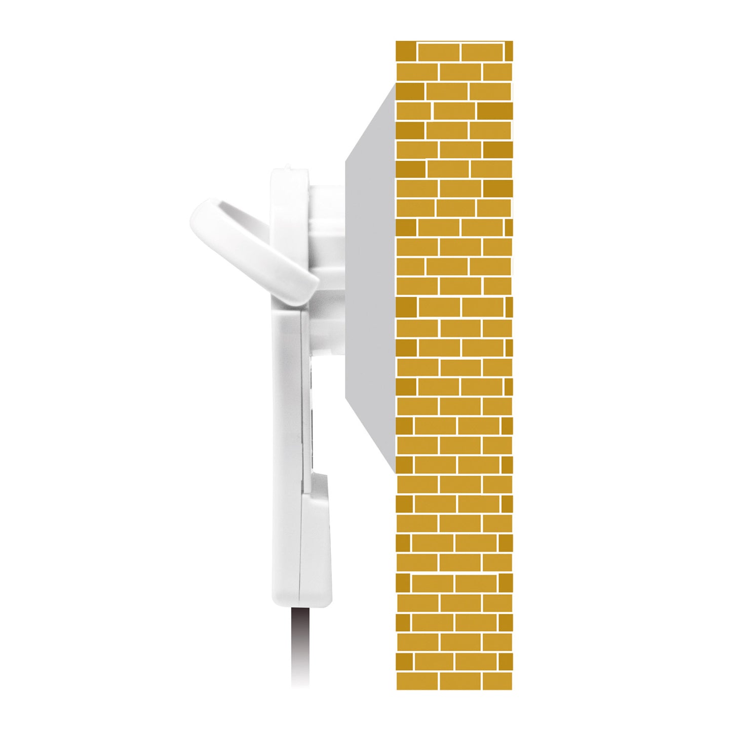 Vinklet flad stikprop til montering på kabel, hvid, side set op ad gul murstensvæg.