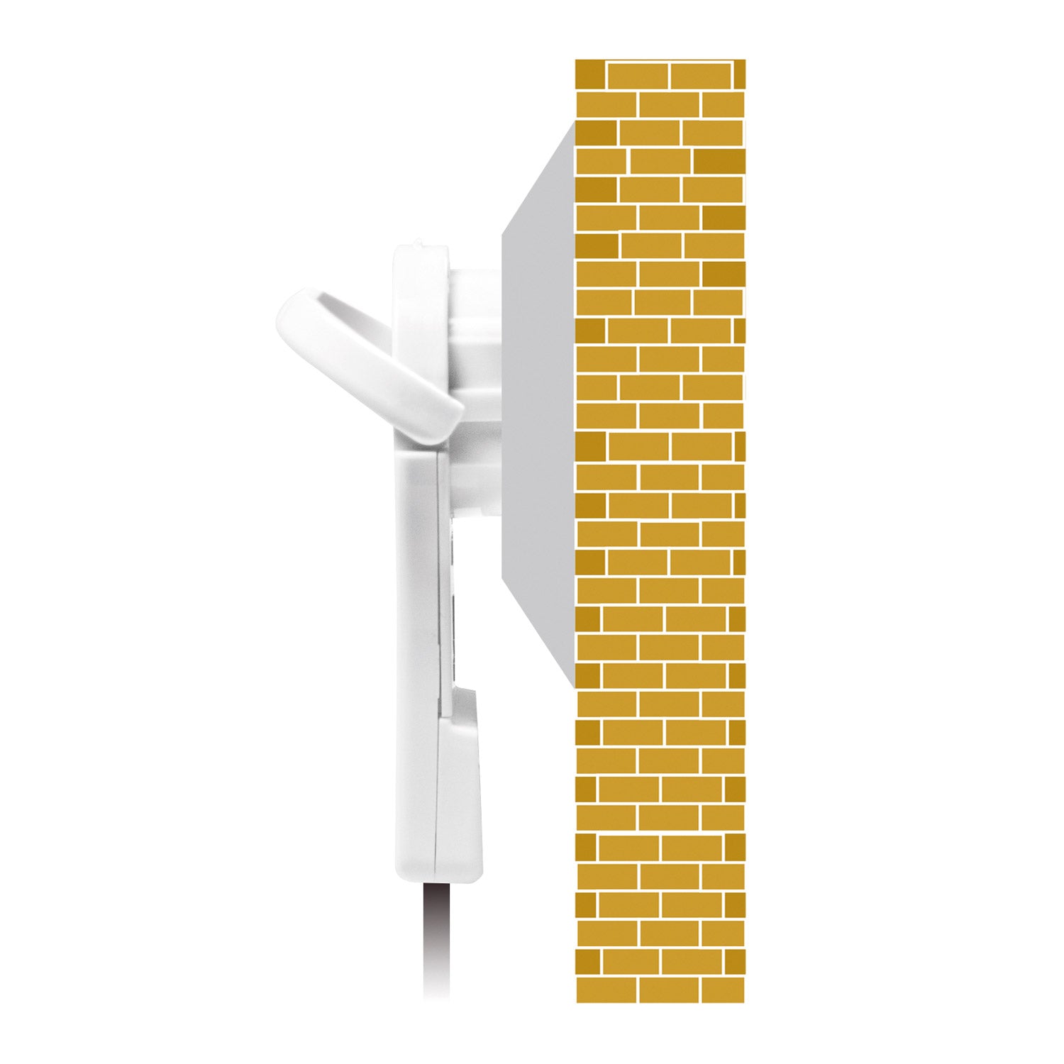 Vinklet flad stikprop til montering på kabel, hvid, side set op ad gul murstensvæg.