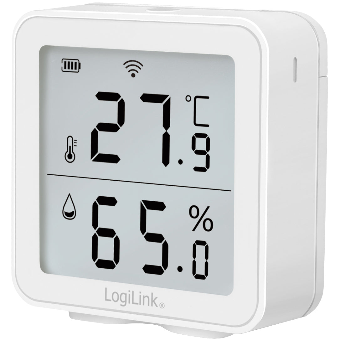 LogiLink WiFi termohygrometer med display, viser 27,9°C og 65% luftfugtighed, ikoner på skærm, LogiLink-logo under display.