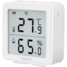 LogiLink WiFi termohygrometer med display, viser 27,9°C og 65% luftfugtighed, ikoner på skærm, LogiLink-logo under display.