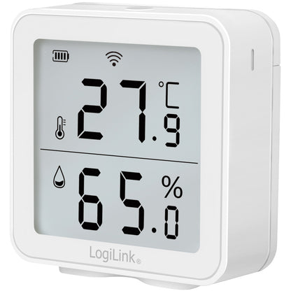 LogiLink WiFi termohygrometer med display, viser 27,9°C og 65% luftfugtighed, ikoner på skærm, LogiLink-logo under display.