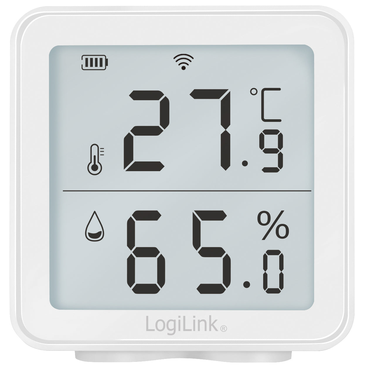 LogiLink WiFi termohygrometer med display, viser 27,9°C og 65% luftfugtighed, batteri-, wifi- og dropleikon.