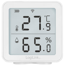LogiLink WiFi termohygrometer med display, viser 27,9°C og 65% luftfugtighed, batteri-, wifi- og dropleikon.