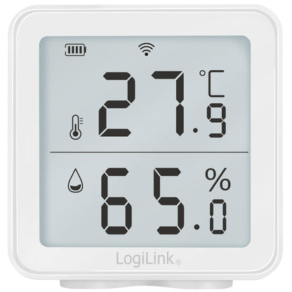 LogiLink WiFi termohygrometer med display, viser 27,9°C og 65% luftfugtighed, batteri-, wifi- og dropleikon.