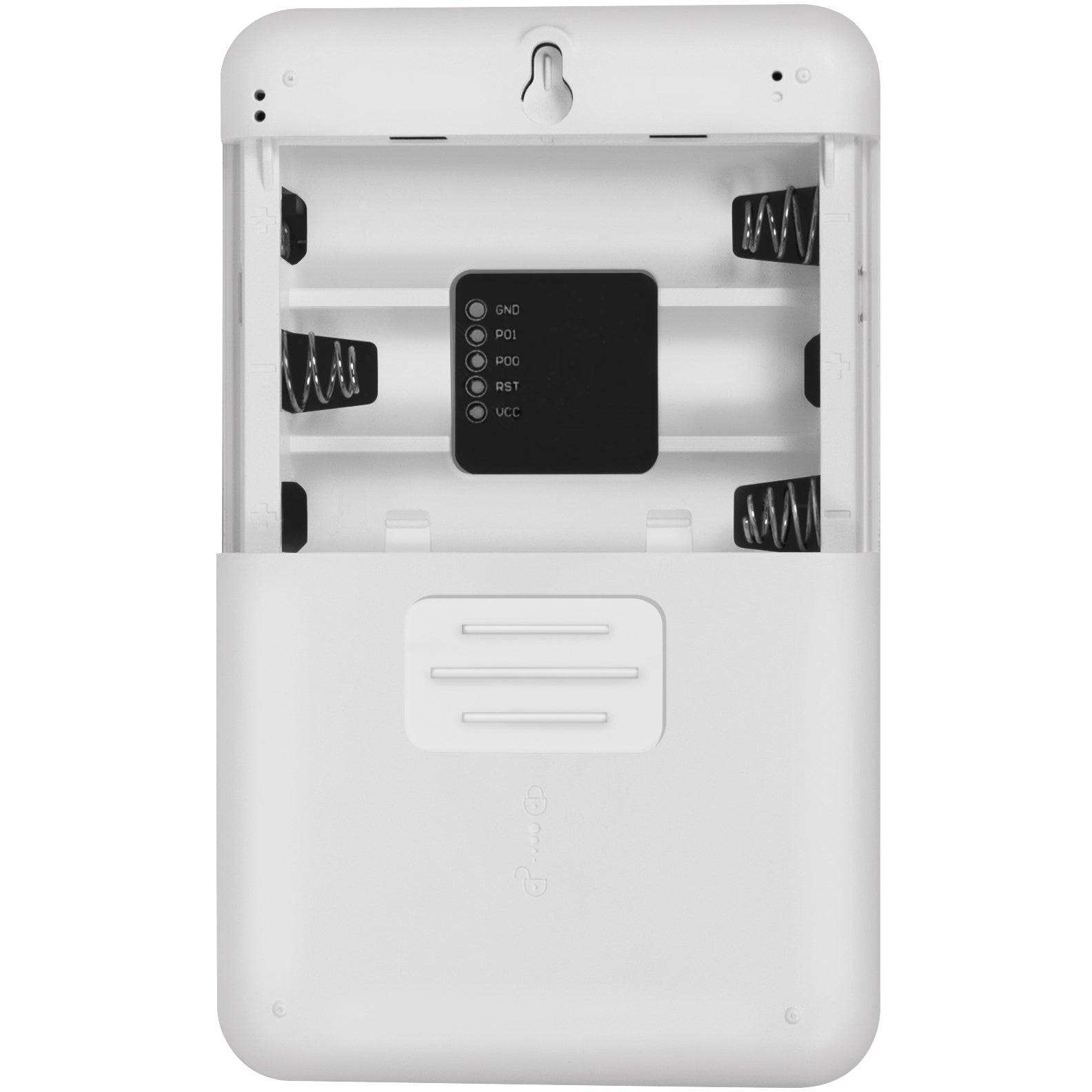 LogiLink WiFi termohygrometer med display, åben batterikasse med fire metalterminaler og sort komponent med mærkede ben.