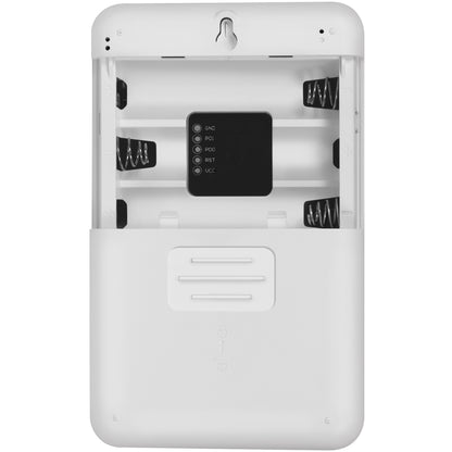 LogiLink WiFi termohygrometer med display, åben batterikasse med fire metalterminaler og sort komponent med mærkede ben.