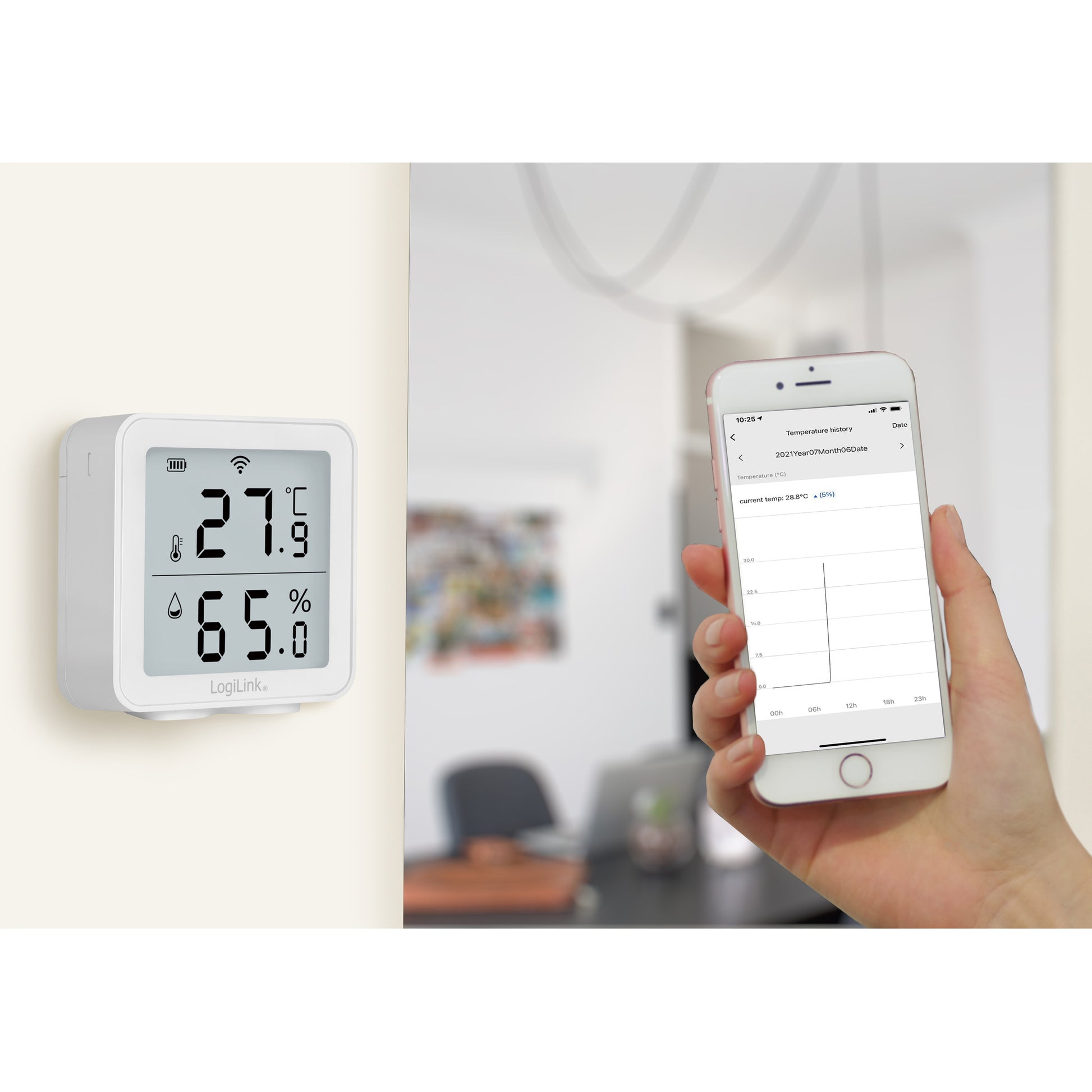 LogiLink WiFi termohygrometer med display viser 27,9°C og 65% samt smartphone med Smart Life app temperaturgraf.