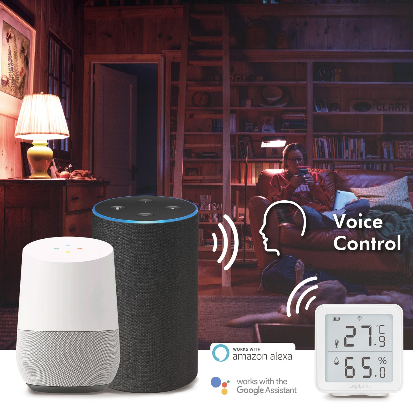WiFi-termohygrometer med display, Smart Life-app, styring via Alexa og Google Assistant, person i stue, lampe.