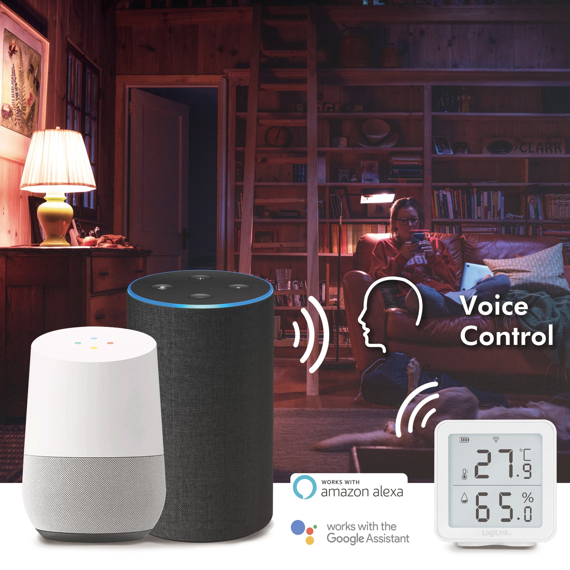 WiFi-termohygrometer med display, Smart Life-app, styring via Alexa og Google Assistant, person i stue, lampe.