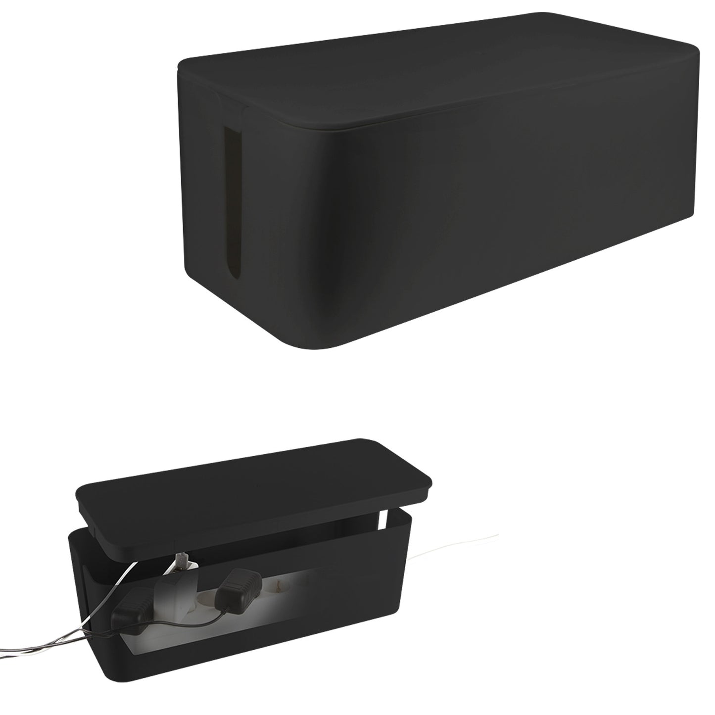 LogiLink kabelboks Large sort 407x157x133,5 mm vises lukket og åbnet med stikdåse og kabler organiseret indeni.