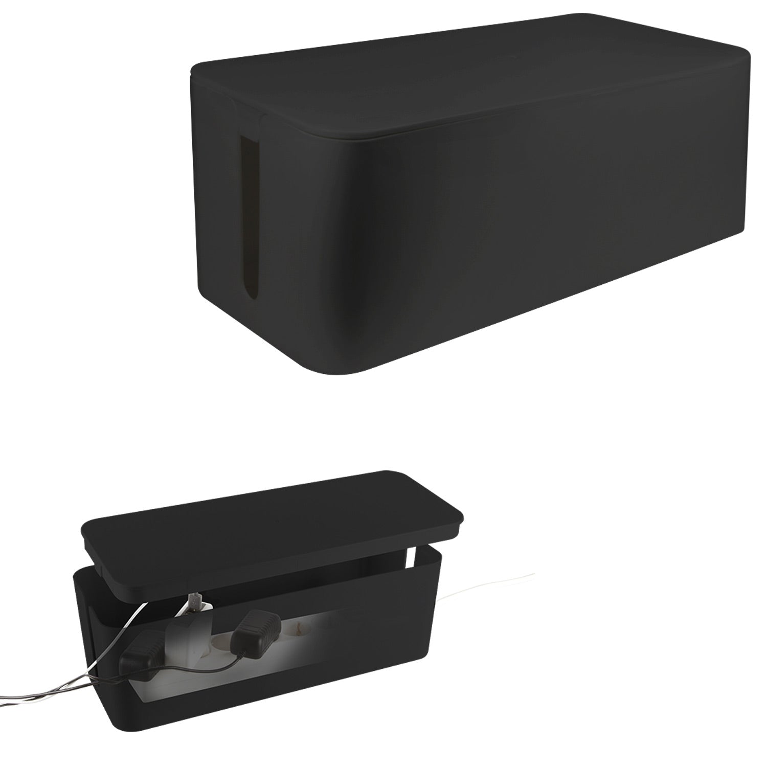 LogiLink kabelboks Large sort 407x157x133,5 mm vises lukket og åbnet med stikdåse og kabler organiseret indeni.
