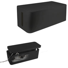 LogiLink kabelboks Large sort 407x157x133,5 mm vises lukket og åbnet med stikdåse og kabler organiseret indeni.
