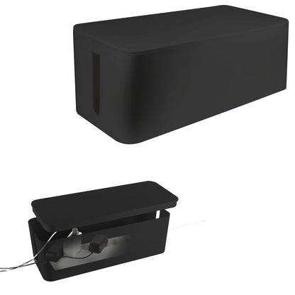 LogiLink kabelboks Large sort 407x157x133,5 mm vises lukket og åbnet med stikdåse og kabler organiseret indeni.