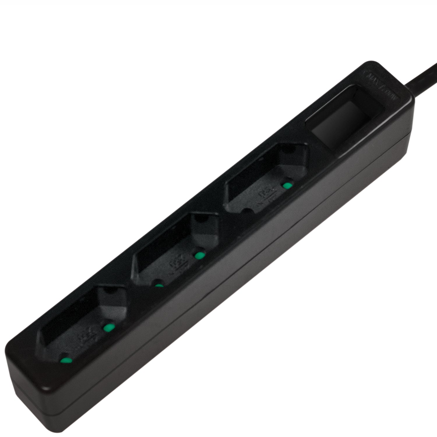 Logilink Slim 3-vejs Euro stikdåse sort, tre udtag, tænd/sluk-knap, ledning udgang øverste højre hjørne.