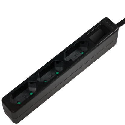 Logilink Slim 3-vejs Euro stikdåse sort, tre udtag, tænd/sluk-knap, ledning udgang øverste højre hjørne.
