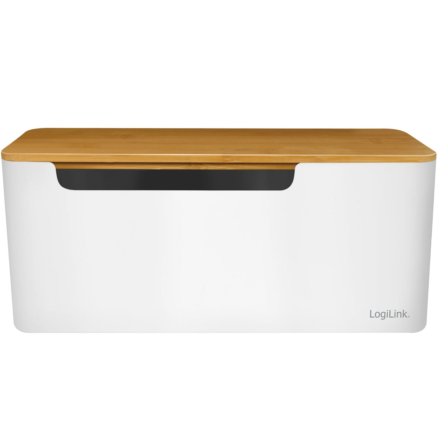 LogiLink kabelboks hvid med bambuslåg 320x140x130 mm, buet front, mørkegrå bånd og LogiLink-logo.