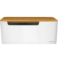 LogiLink kabelboks hvid med bambuslåg 320x140x130 mm, buet front, mørkegrå bånd og LogiLink-logo.