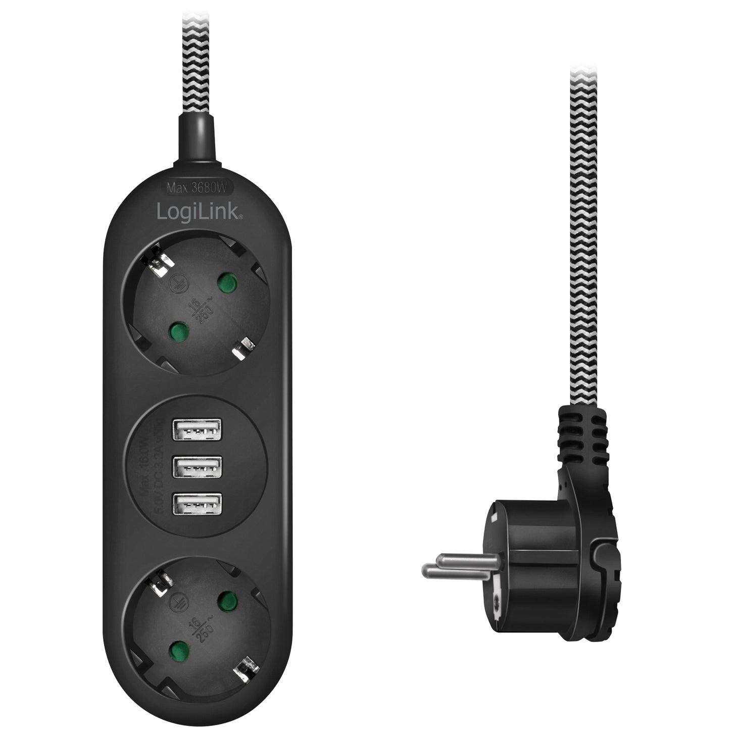 LogiLink sort grenudtag med USB-porte, tre EU-udtag, vinklet stikprop og flettet strømkabel ses med sort stik.