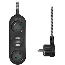 LogiLink sort grenudtag med USB-porte, tre EU-udtag, vinklet stikprop og flettet strømkabel ses med sort stik.