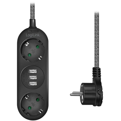 LogiLink sort grenudtag med USB-porte, tre EU-udtag, vinklet stikprop og flettet strømkabel ses med sort stik.