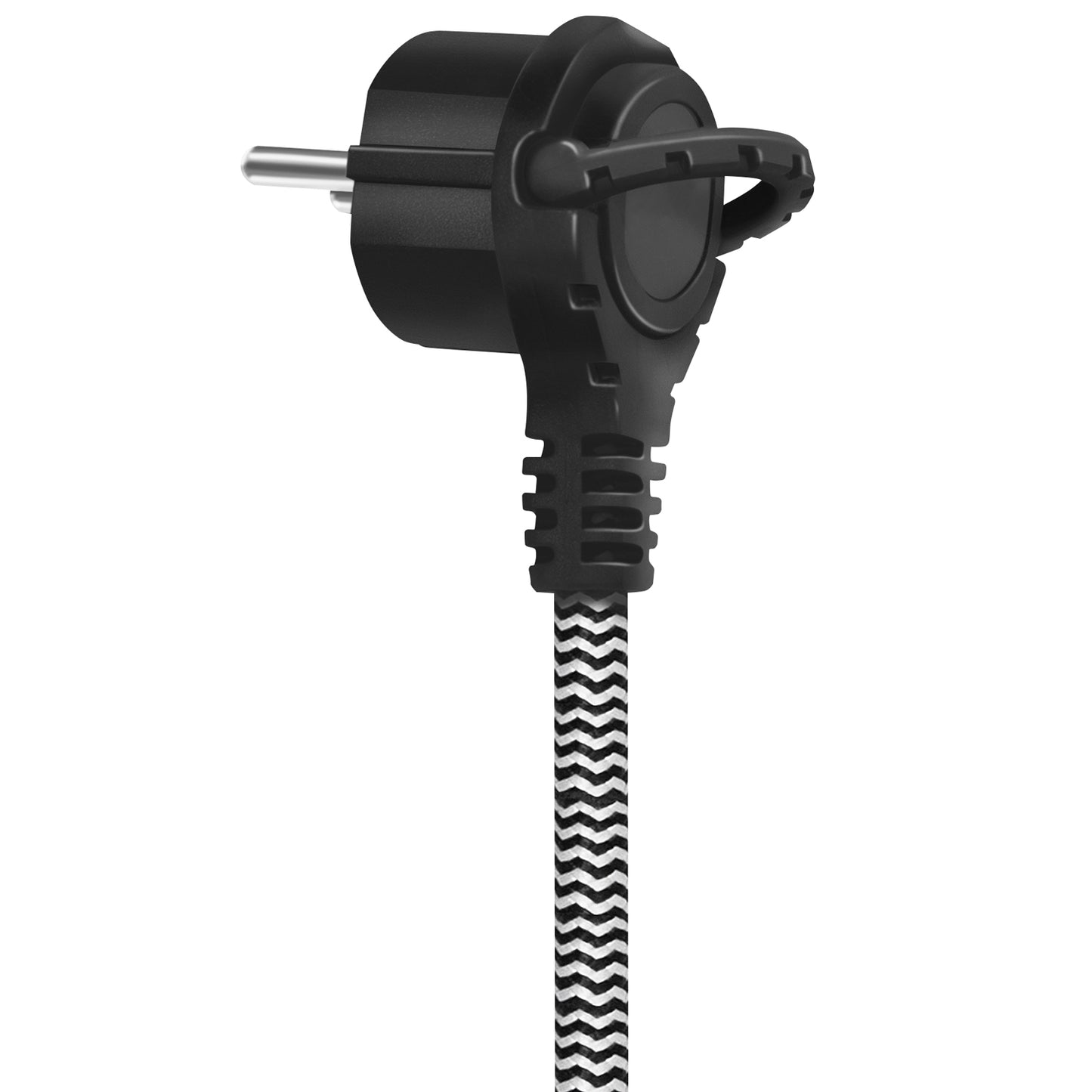 Logilink grenudtag med USB-porte, sort EU-stik og vinklet stikprop, sort/hvid zigzag tekstilkabel.