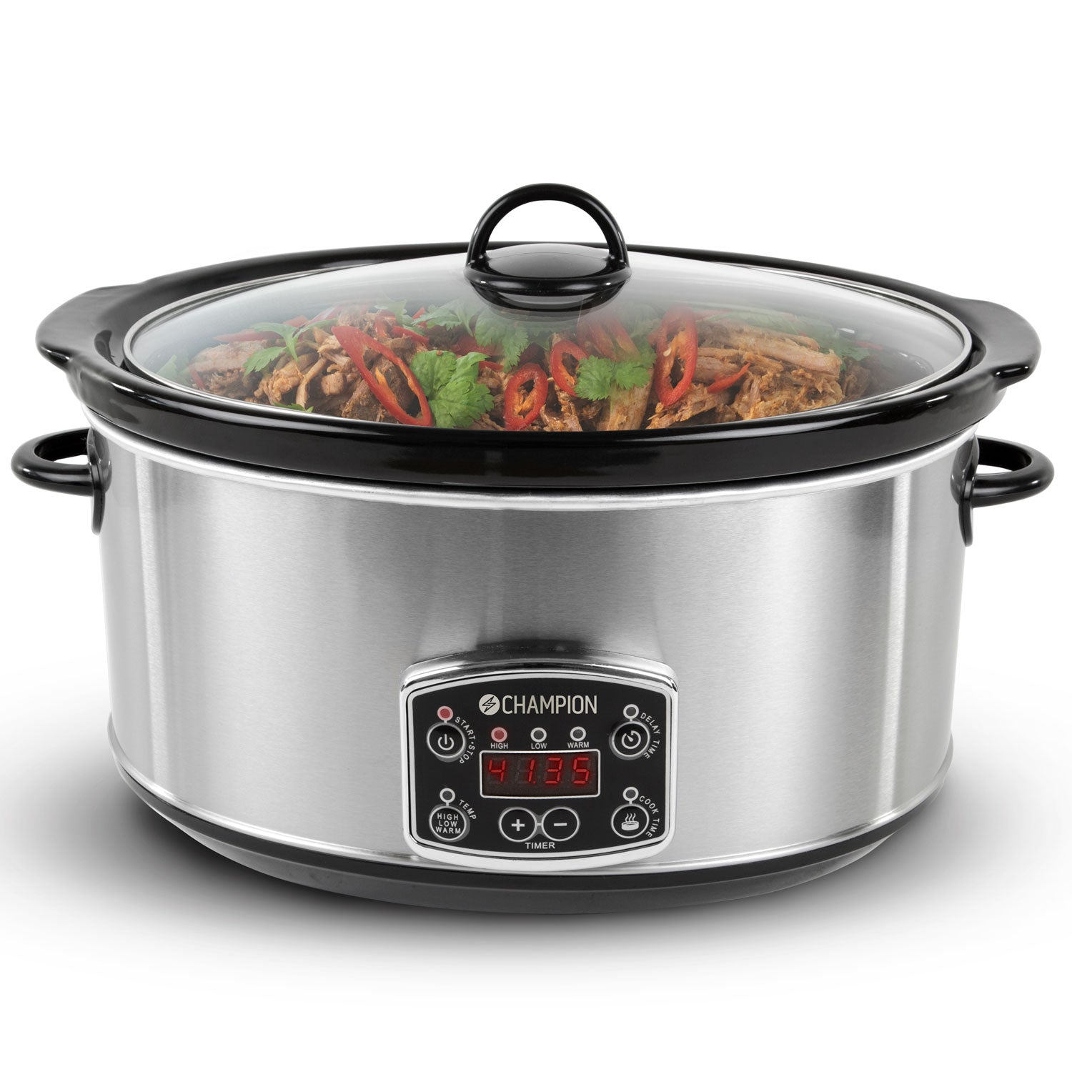 Champion slowcooker 6,5 L rustfrit stål med revet kød, koriander, rød chili og digital timer på 4:18:5.