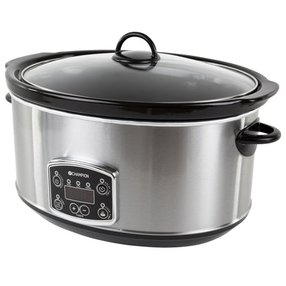 Champion slowcooker 6,5 L rustfrit stål med sort håndtag og låg, front digitalt kontrolpanel.