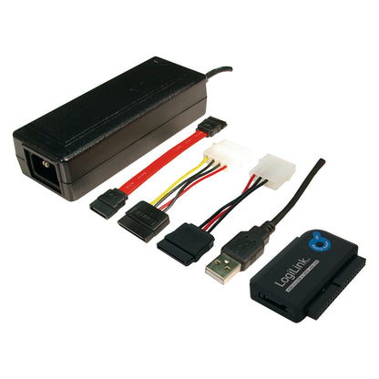 LogiLink USB 2.0 adapterkit til IDE  SATA harddiske 2,5"/3,5", inkl. strømforsyning, kabler og One Touch Backup.