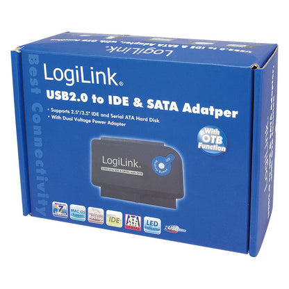 LogiLink USB 2.0 adapterkit blå, til IDE/SATA harddiske 2,5"/3,5", One Touch Backup, dual voltage strømforsyning.