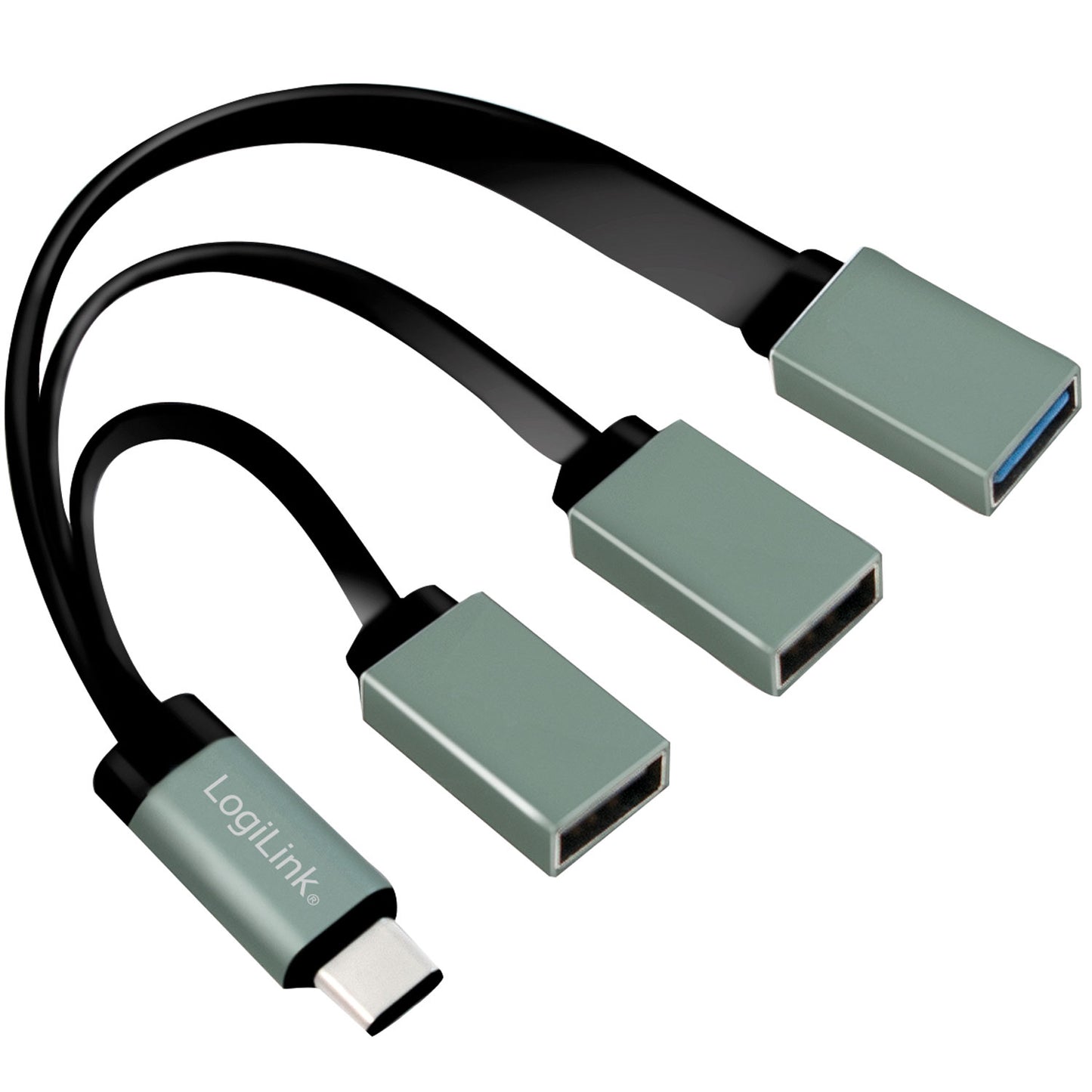 USB-C Hub 3-ports med flade sorte kabler og metallisk grønne stik til tilslutning af flere USB-A enheder via ét USB-C port.
